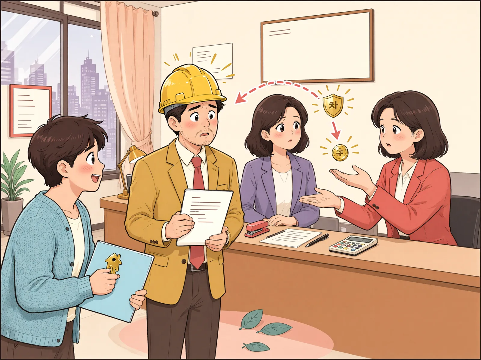 「공사 보증인의 서명, 선급금 반환까지 책임질까」 상황을 그린 삽화
