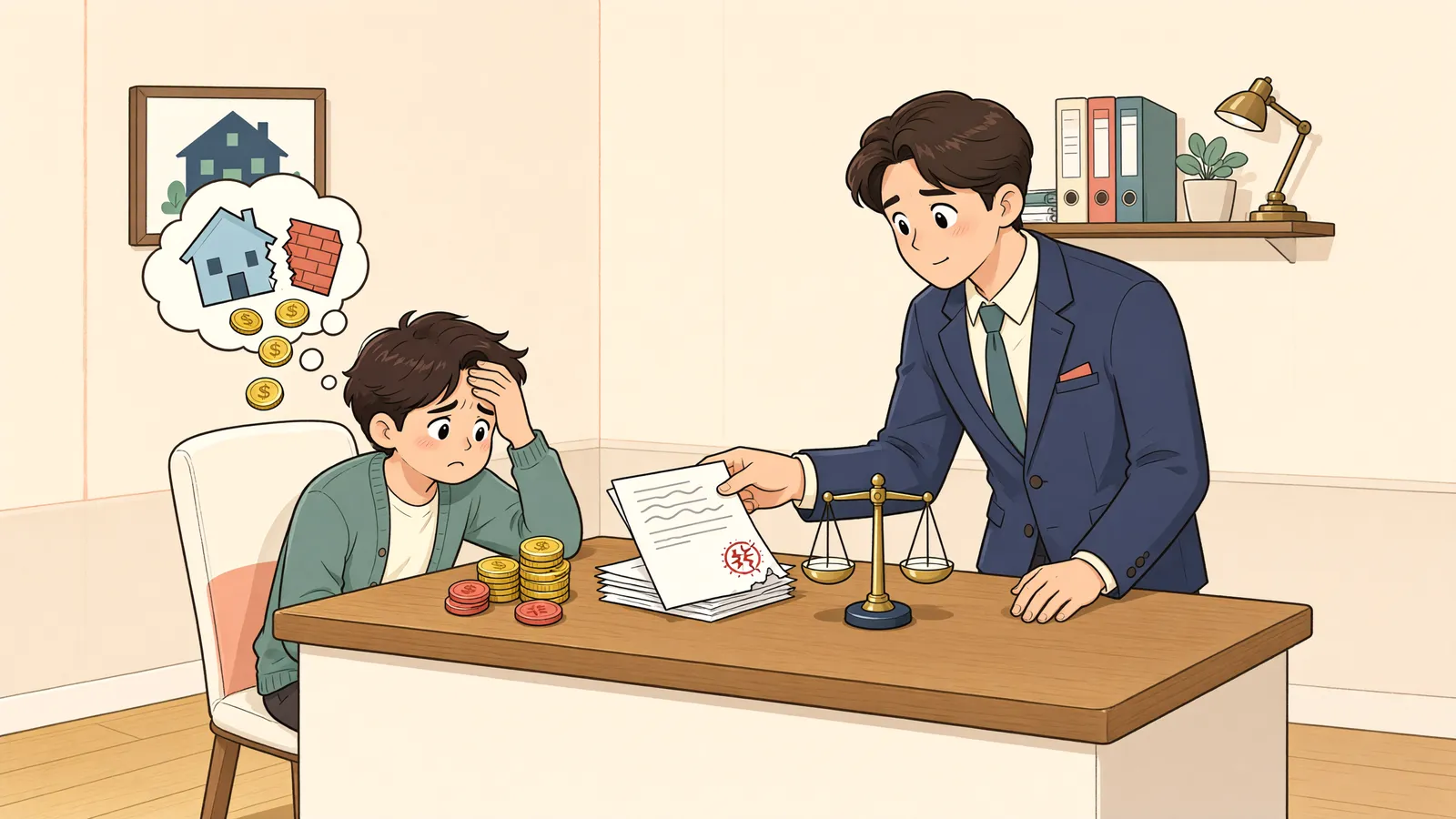「매도인이 계약을 깨면 계약금만 돌려받으면 끝일까?」 상황을 그린 삽화