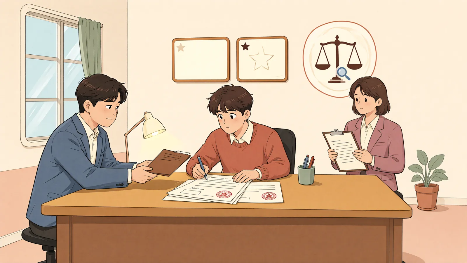 「공정증서로 배당받으면 다른 채권자를 해치는 걸까?」 상황을 그린 삽화
