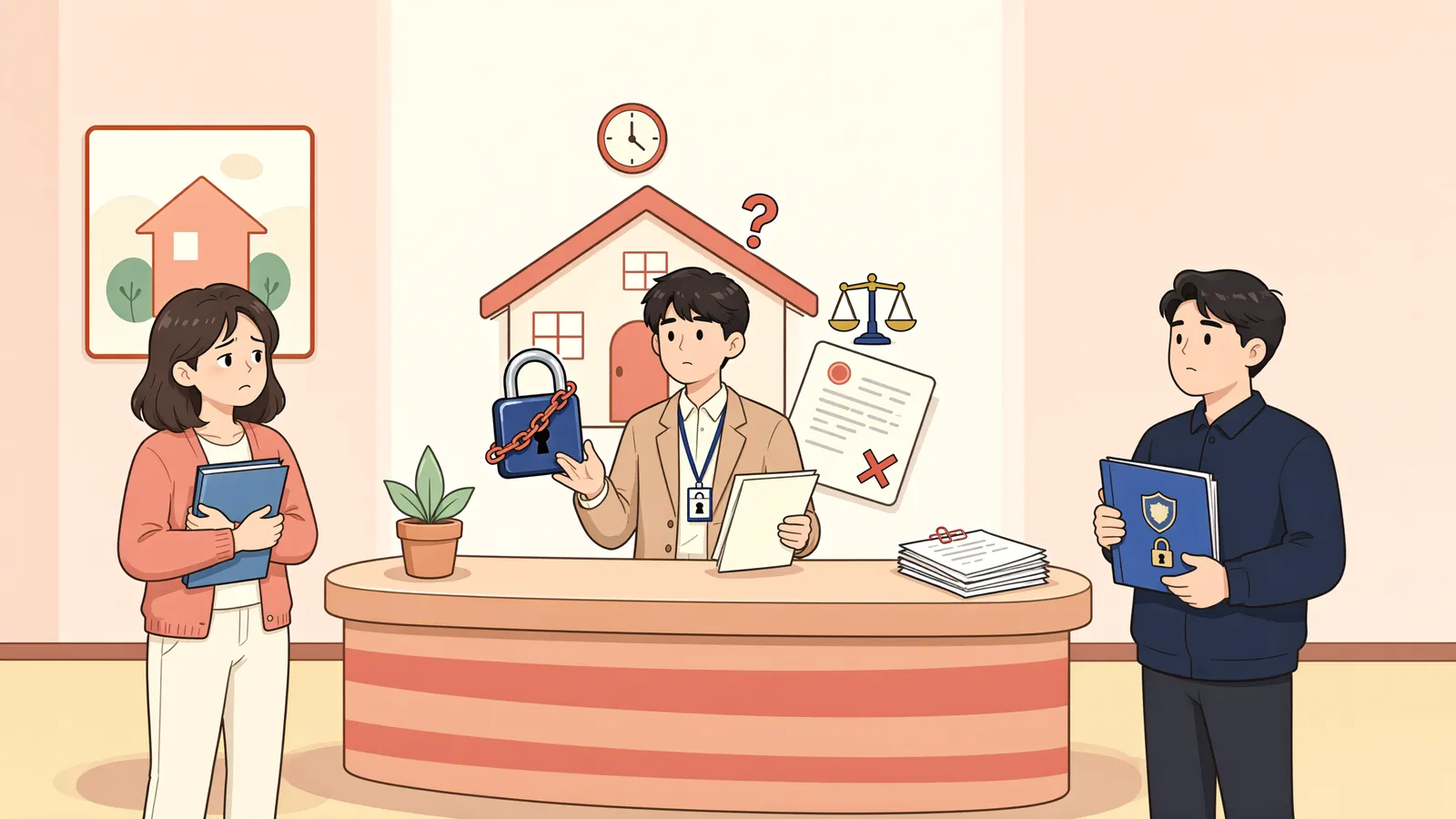 「잔금은 밀리고 등기에는 가압류가…매매계약을 해제하면 끝일까?」 상황을 그린 삽화