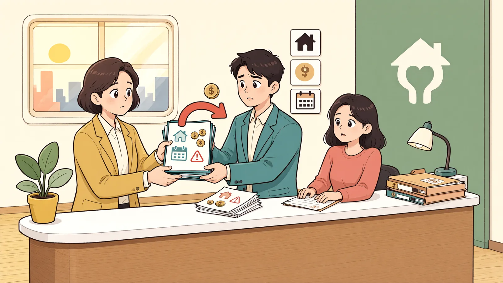 「건물은 넘겨받았는데, 밀린 월세도 따라올까」 상황을 그린 삽화