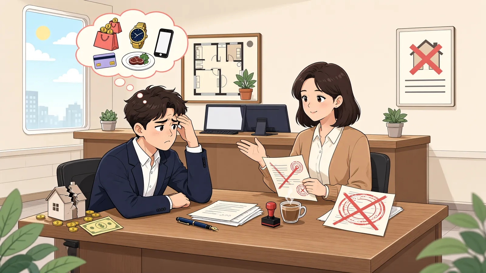 「투자 실패와 카드 현금화, 파산하면 면책도 될까?」 상황을 그린 삽화