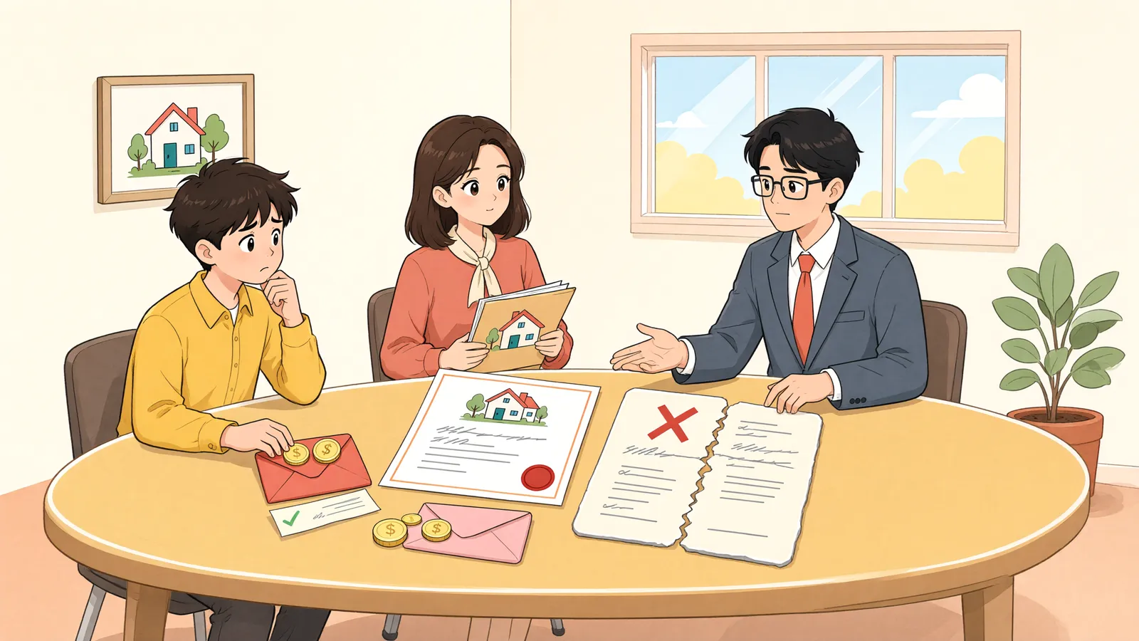 「중도금까지 냈는데, 계약금 포기로 계약을 끝낼 수 있을까?」 상황을 그린 삽화