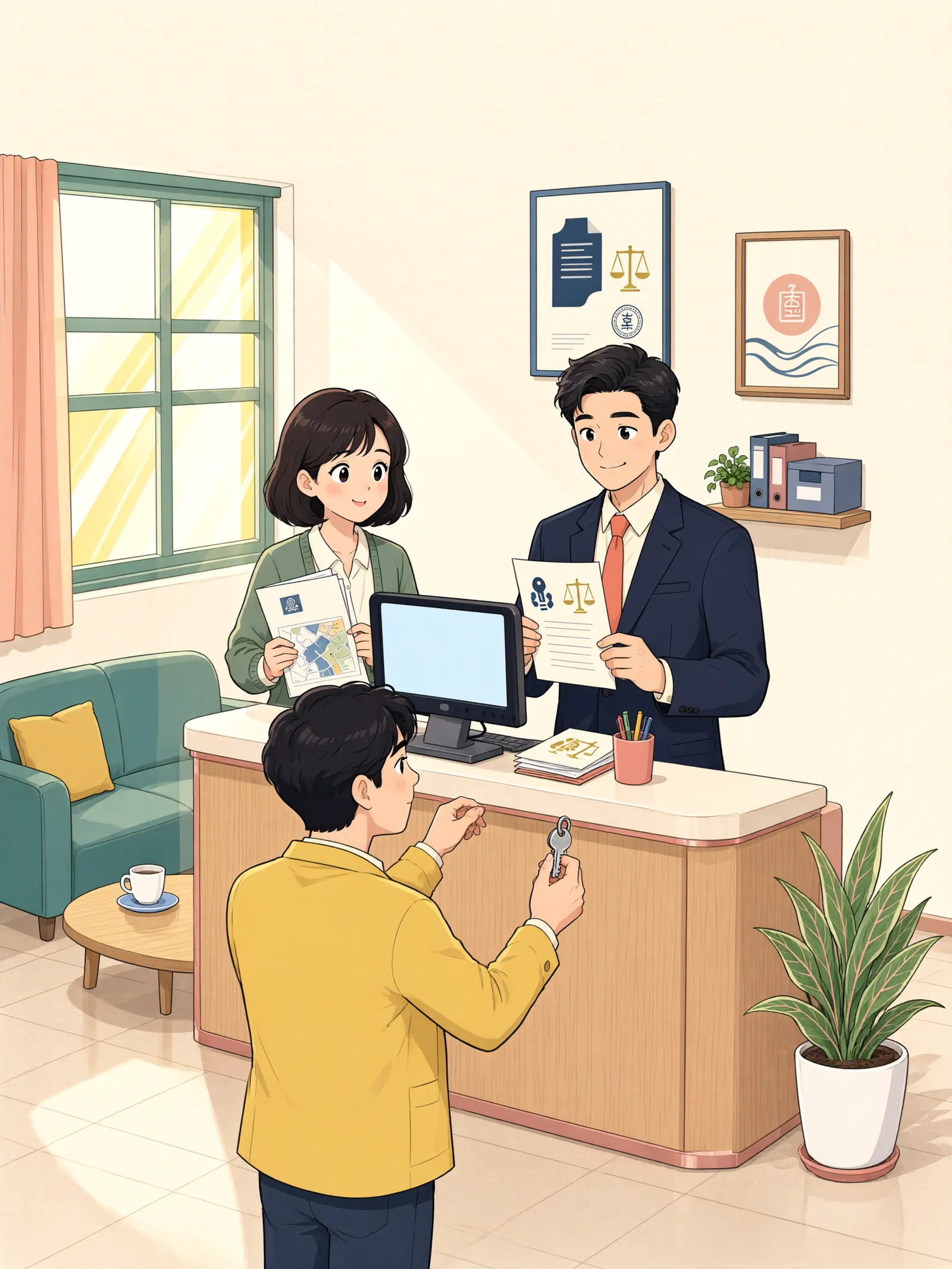 「은행이 늦게 알았어도, 회사의 시계는 먼저 돌기 시작합니다」 상황을 그린 삽화