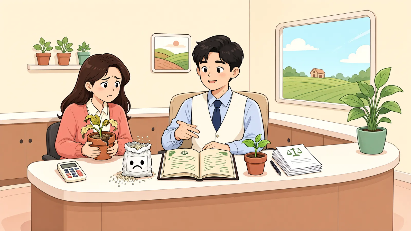 「판매점은 문을 닫았는데, 비료 피해는 누구에게 물을까」 상황을 그린 삽화