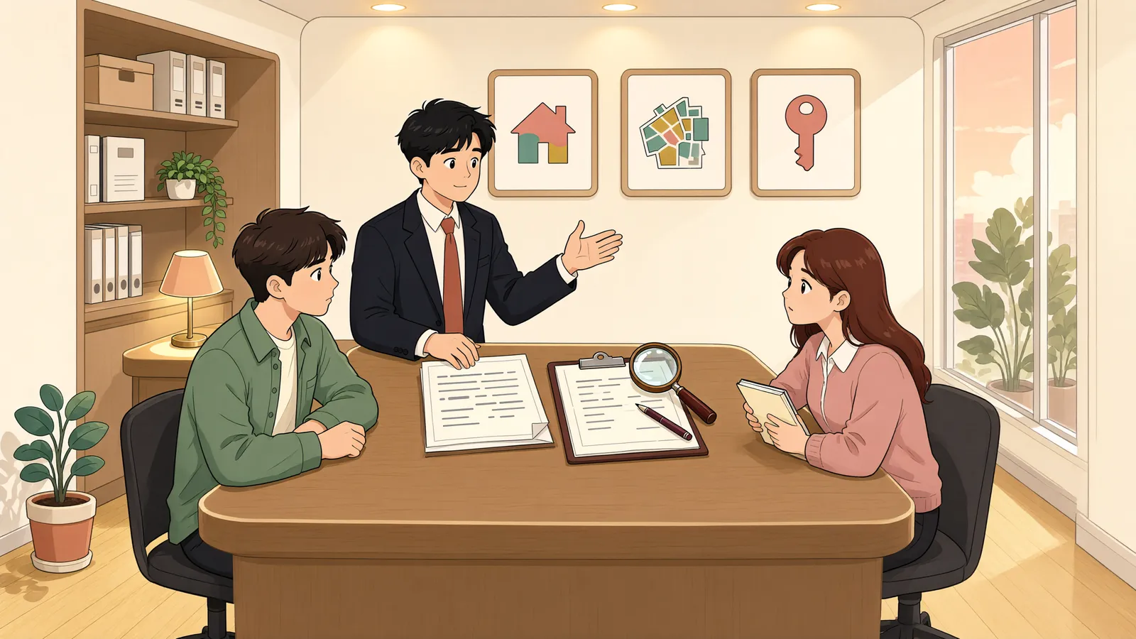 「유치권자가 집에 살면, 집주인에게 배상해야 할까?」 상황을 그린 삽화