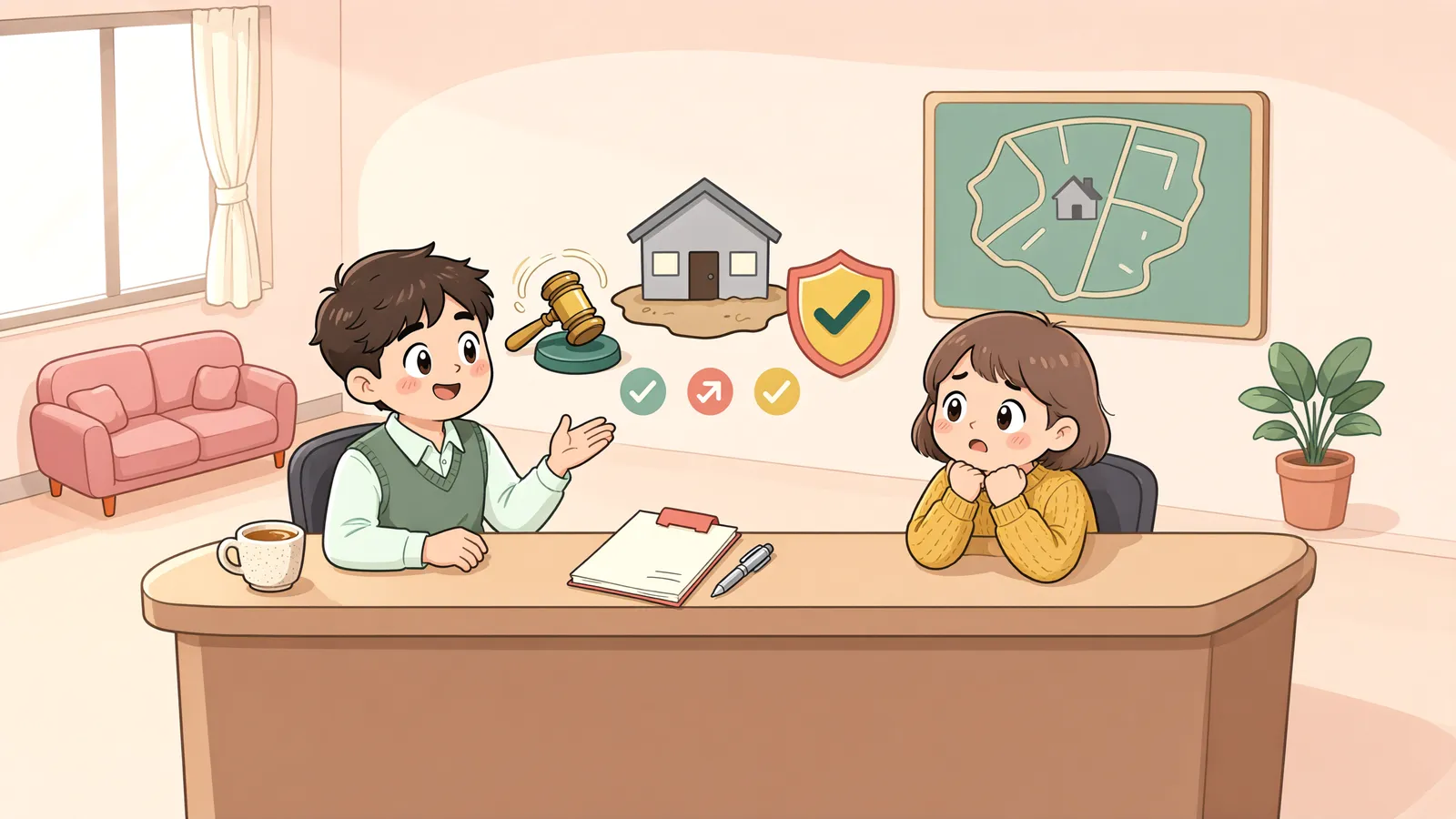 「미등기 주택에 살고 있어도, 땅 경매에서 먼저 받을 수 있을까」 상황을 그린 삽화