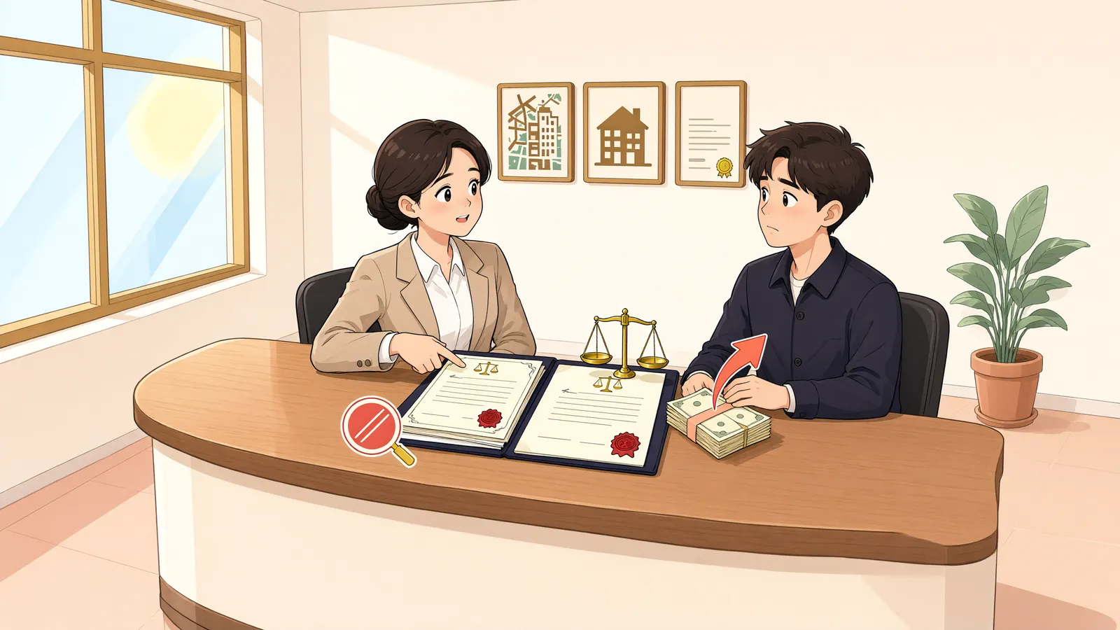 「어음공정증서 금액이 실제 빚보다 크다면, 보증금은 누구에게?」 상황을 그린 삽화