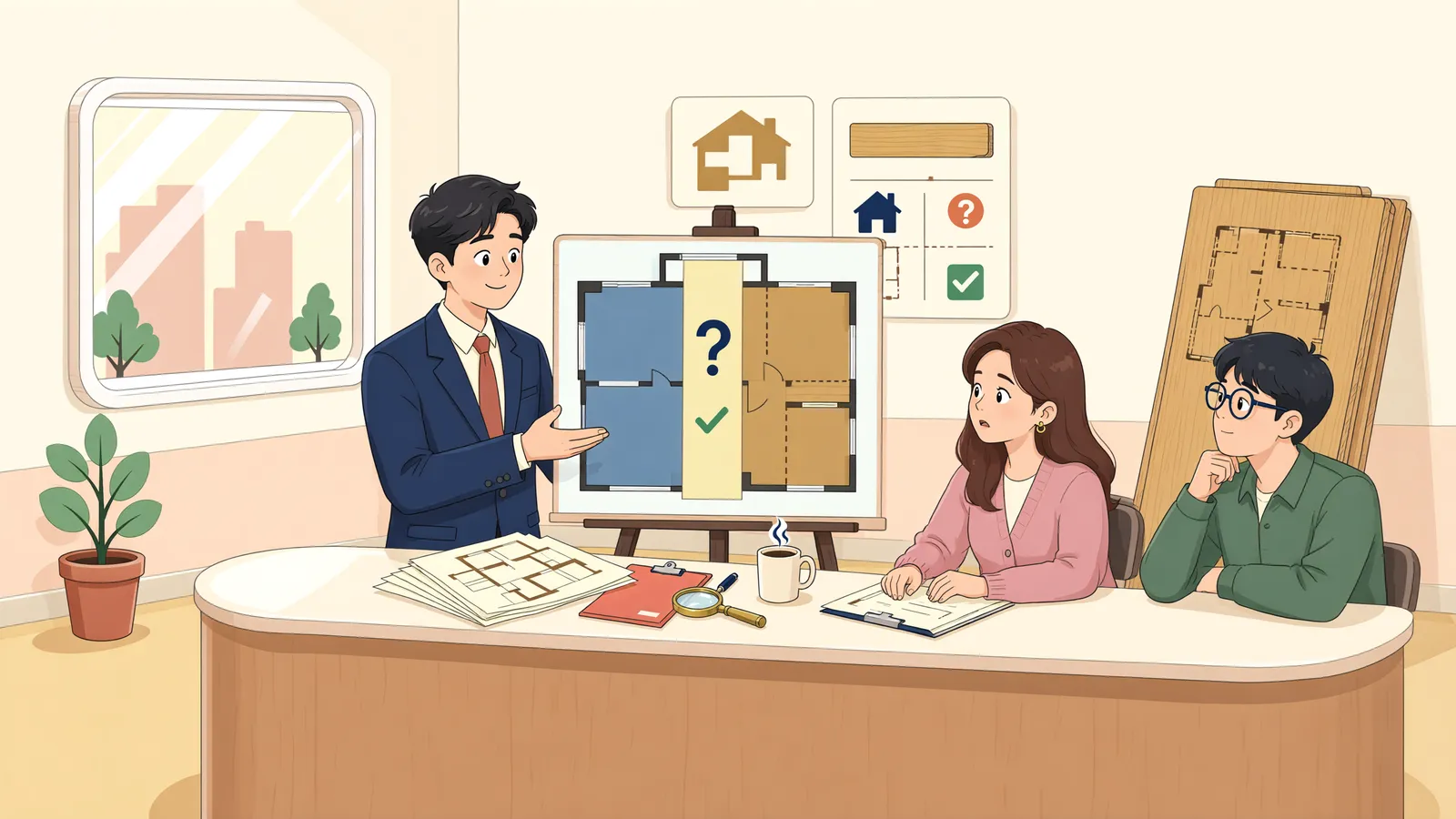 「합판 칸막이도 허가 대상이 될 수 있습니다」 상황을 그린 삽화