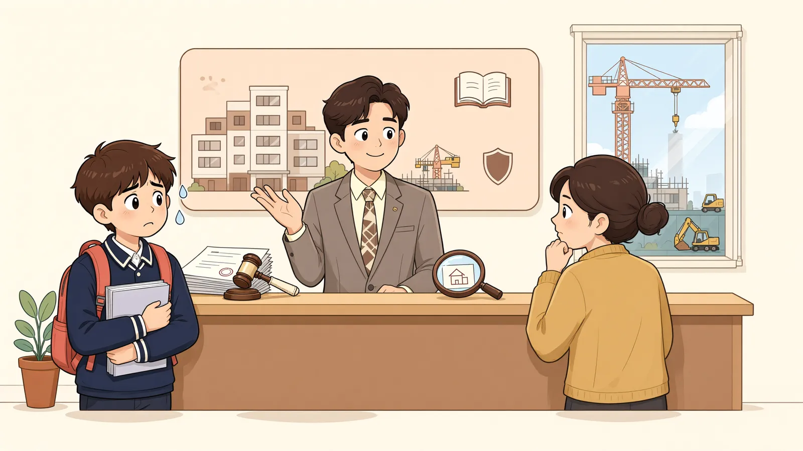 「학교 옆 공사, 수업을 방해한다면 멈춰 세울 수 있을까」 상황을 그린 삽화