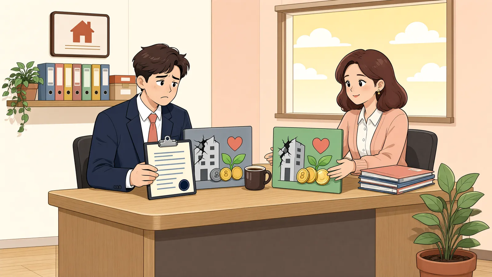 「공사 절반에서 멈춘 계약, 회생절차에선 어떻게 될까」 상황을 그린 삽화