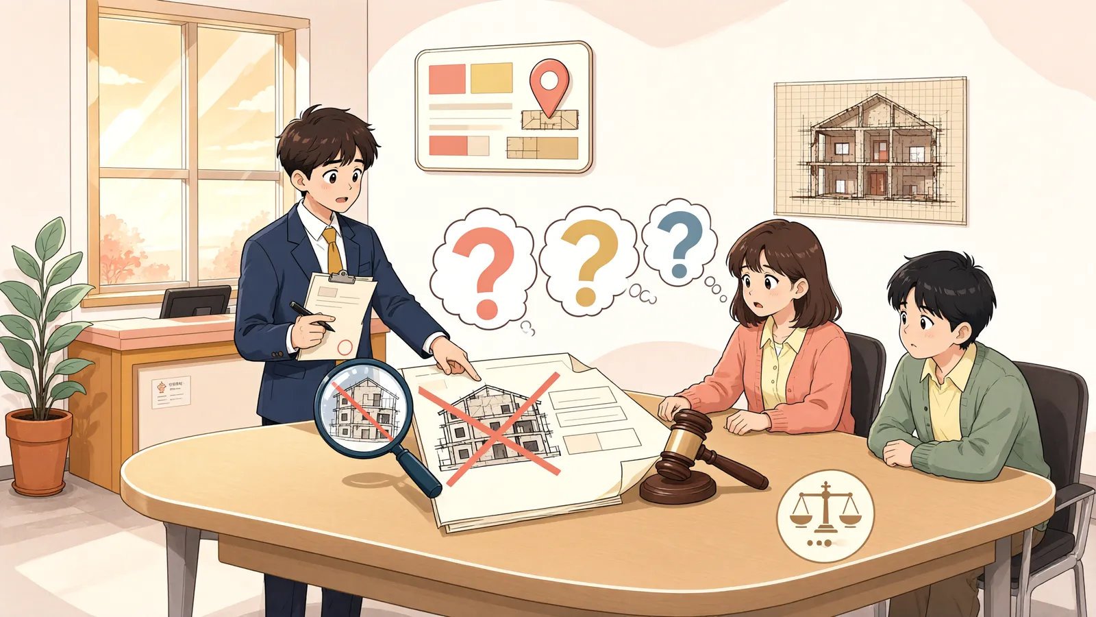 「허가 없는 미등기 건물, 경매로 나눌 수 있을까」 상황을 그린 삽화