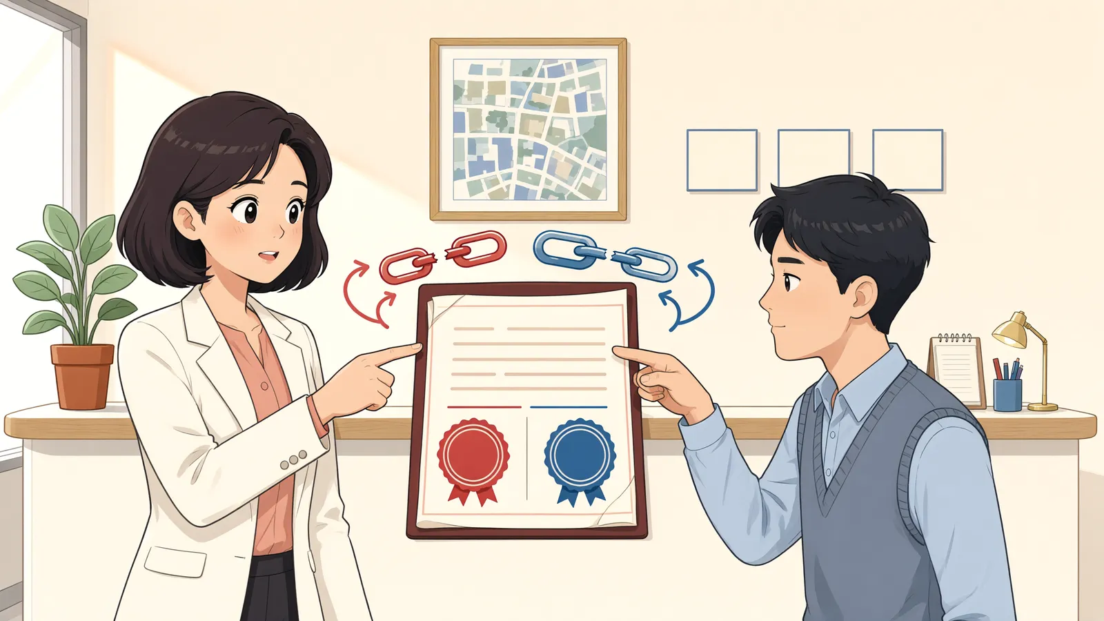 「중도금 미납으로 매매계약을 해제하면, 계약은 언제부터 사라질까?」 상황을 그린 삽화