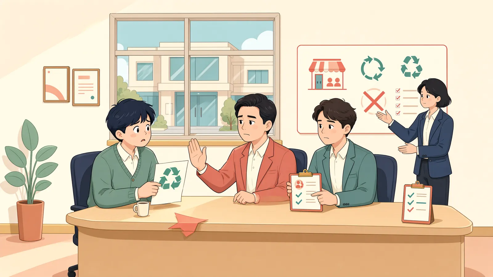 「절반 지분 임대인의 갱신거절, 점포를 비워야 할까」 상황을 그린 삽화