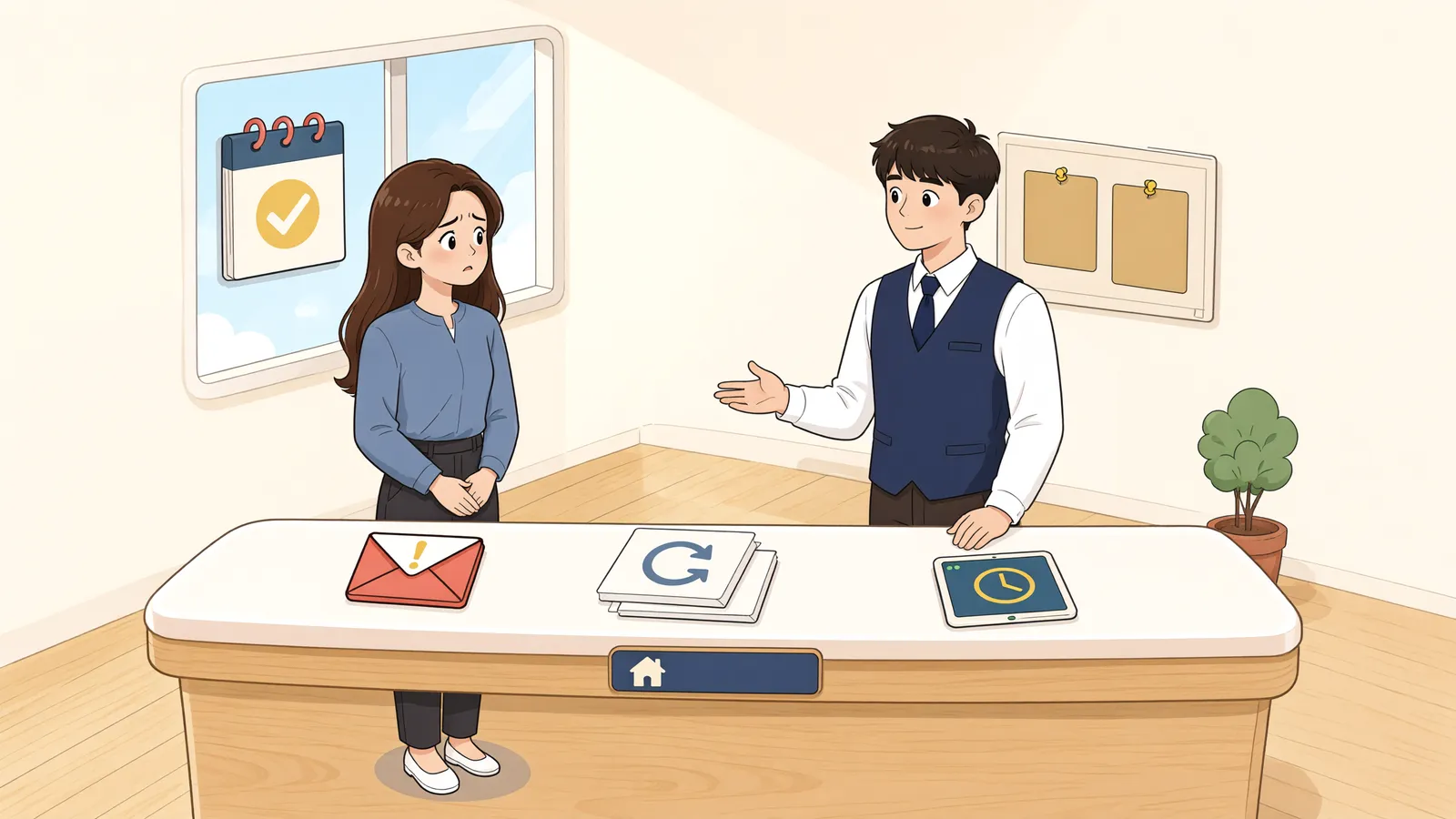 「1년으로 계약했는데, 집주인이 2년을 주장한다면」 상황을 그린 삽화