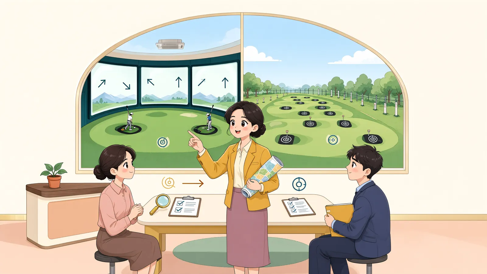 「스크린골프장, 게임시설로 바꾸면 될까요?」 상황을 그린 삽화