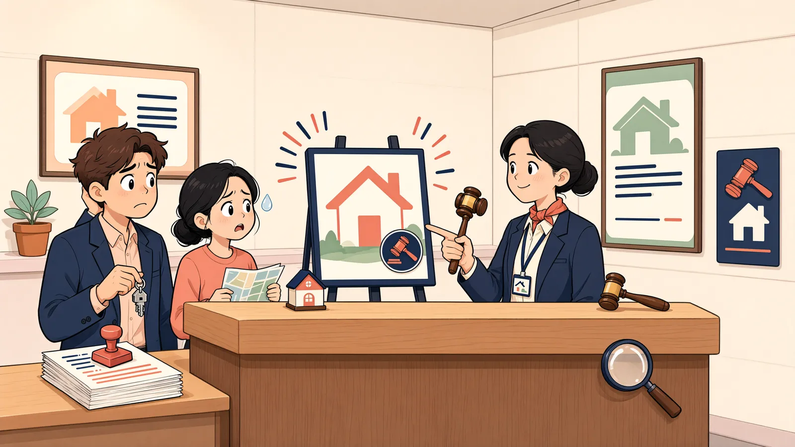 「유치권 경매, 매수인이 부담까지 떠안아야 할까?」 상황을 그린 삽화