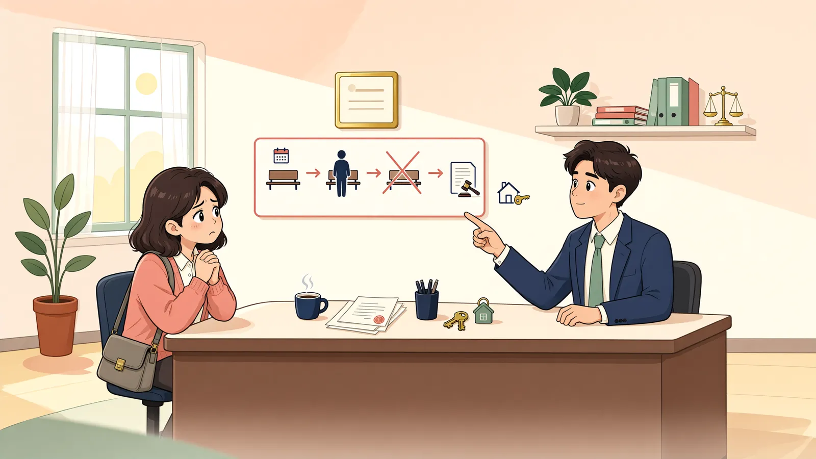 「준비기일엔 나갔는데, 첫 변론기일에 빠졌다면」 상황을 그린 삽화