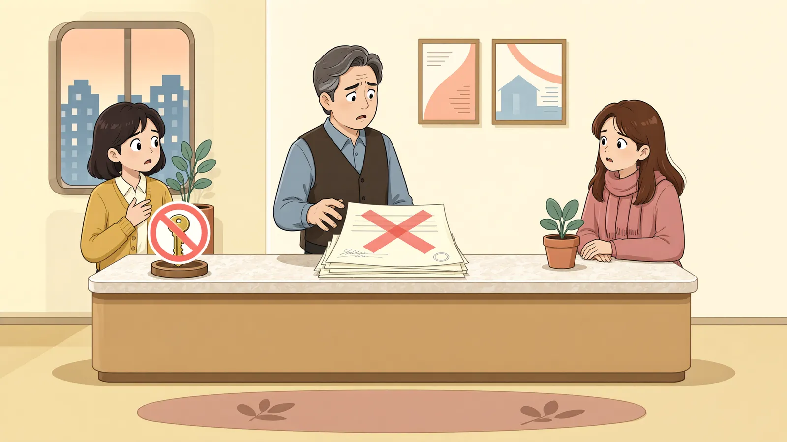 「낙찰만 받으면 임대할 수 있을까? 대금 완납 전 계약의 함정」 상황을 그린 삽화