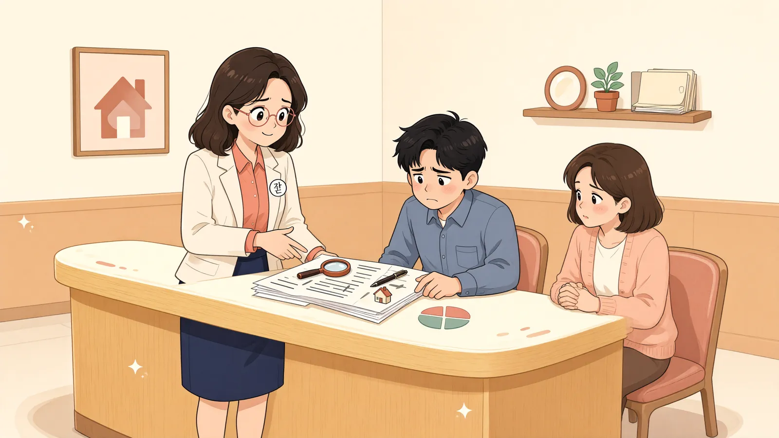 「가족끼리 정한 ‘빚은 배우자가 전부 부담’—채권자에게도 통할까?」 상황을 그린 삽화