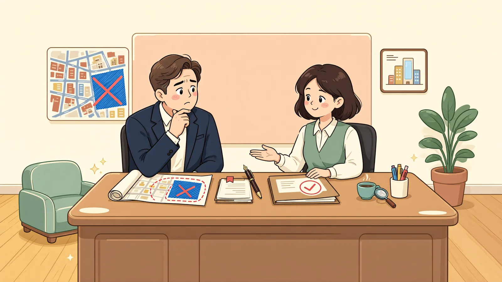 「내 땅은 그대로인데, 이웃 땅 해제 결정을 취소할 수 있을까」 상황을 그린 삽화