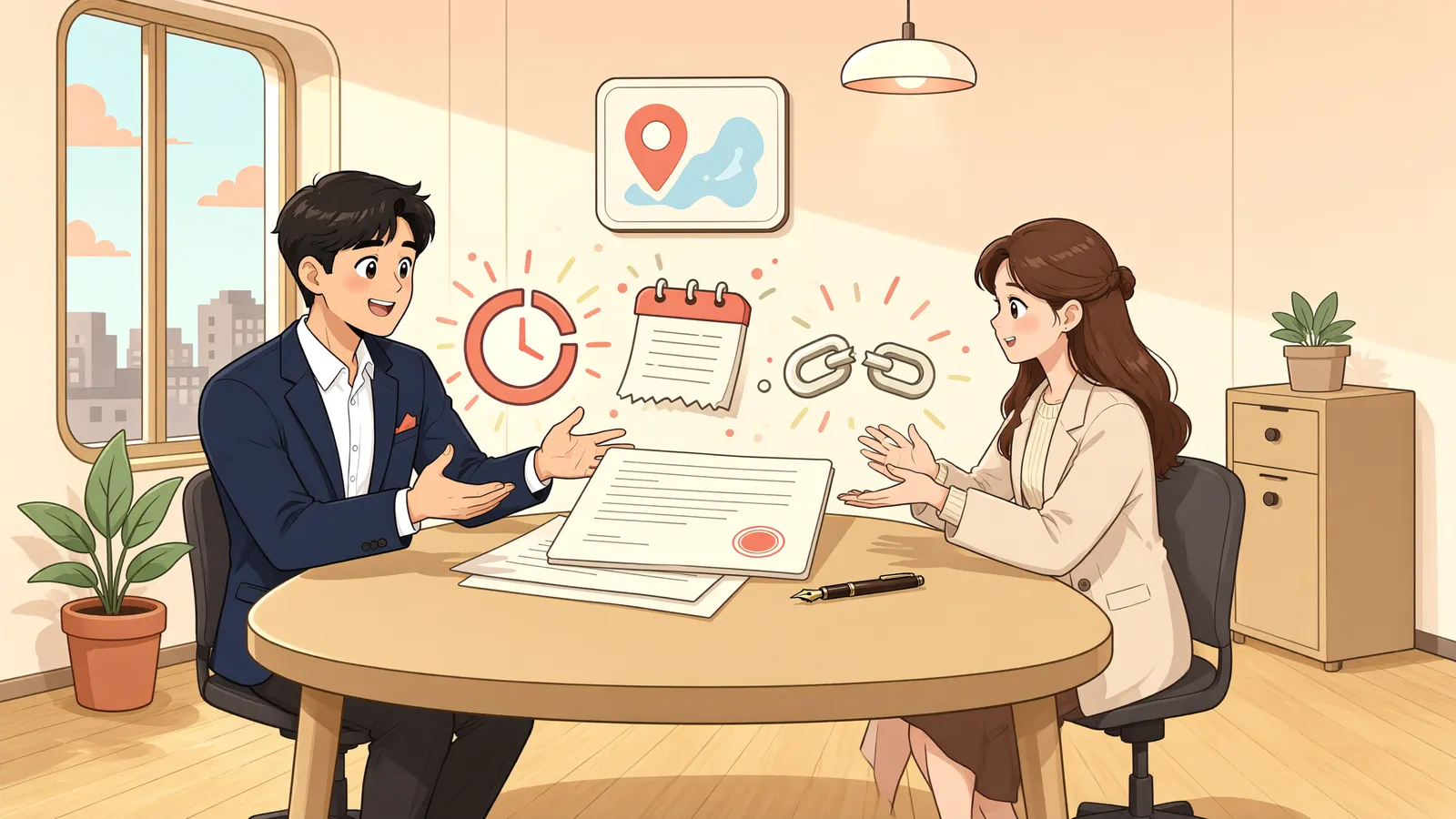 「공사가 늦어질 때, 지체상금은 언제까지 계산할까?」 상황을 그린 삽화