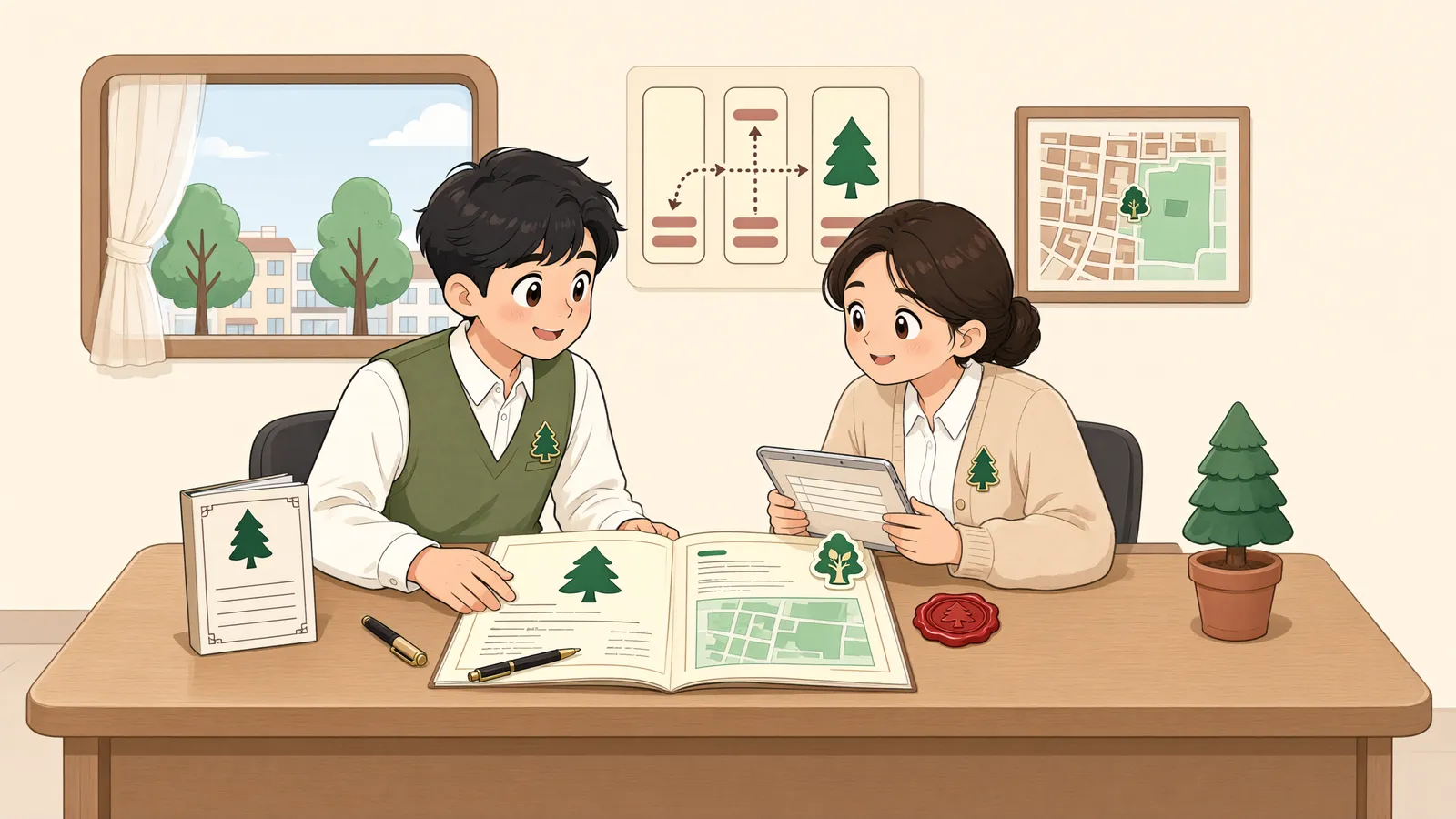 「사과나무를 둘러싼 권리 다툼, 먼저 따져볼 것은 지상권 설정 시점」 상황을 그린 삽화