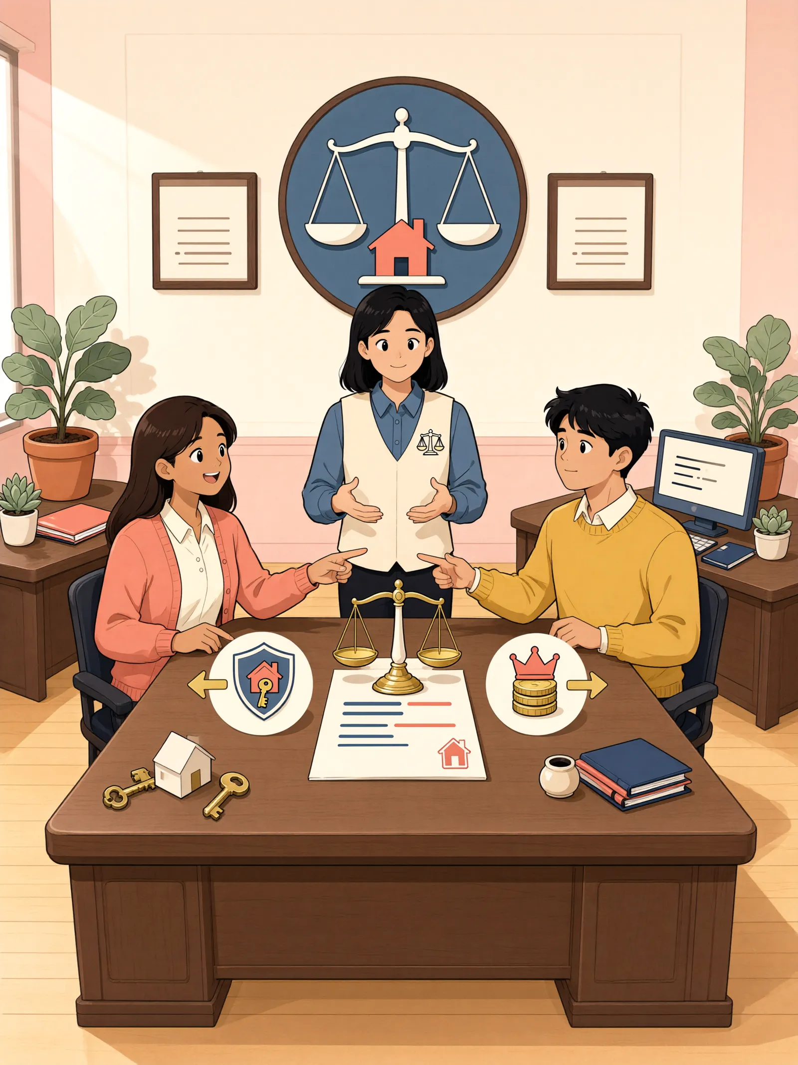 「경매로 넘어간 집, 임차인은 계속 살 수 있을까?」 상황을 그린 삽화