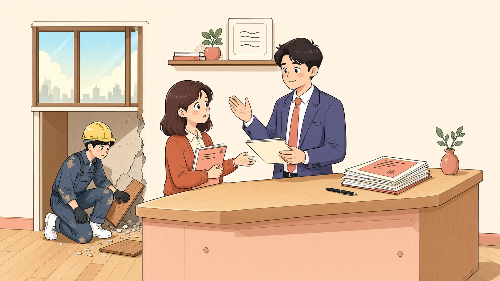 「하도급 공사에서 하자가 나면 원도급인은 책임을 피할 수 있을까?」 상황을 그린 삽화