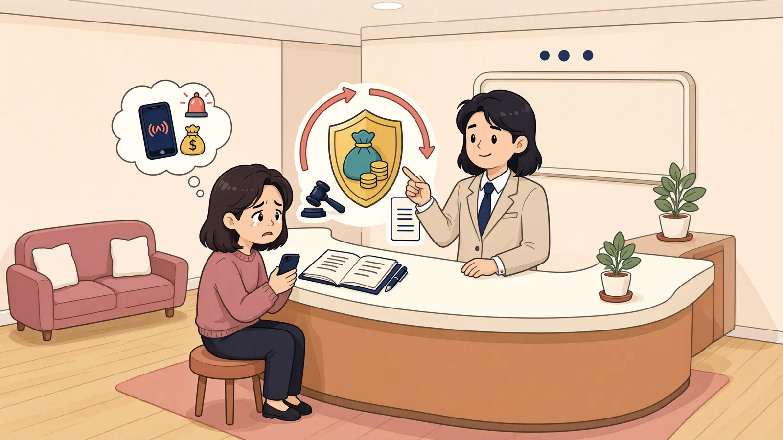 「보이스피싱 피해금이 계좌에 남아 있다면, 생계비 압류금지로 끝일까」 상황을 그린 삽화