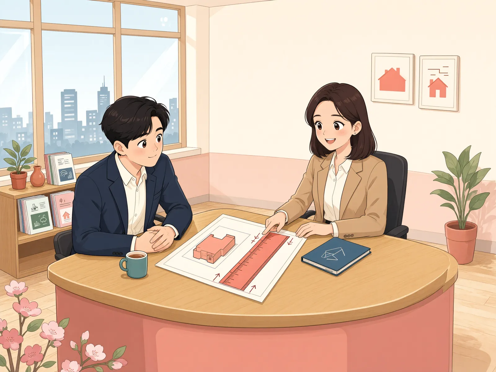 「벽은 여유 있어도 처마가 가까우면: 경계에서 재는 기준」 상황을 그린 삽화