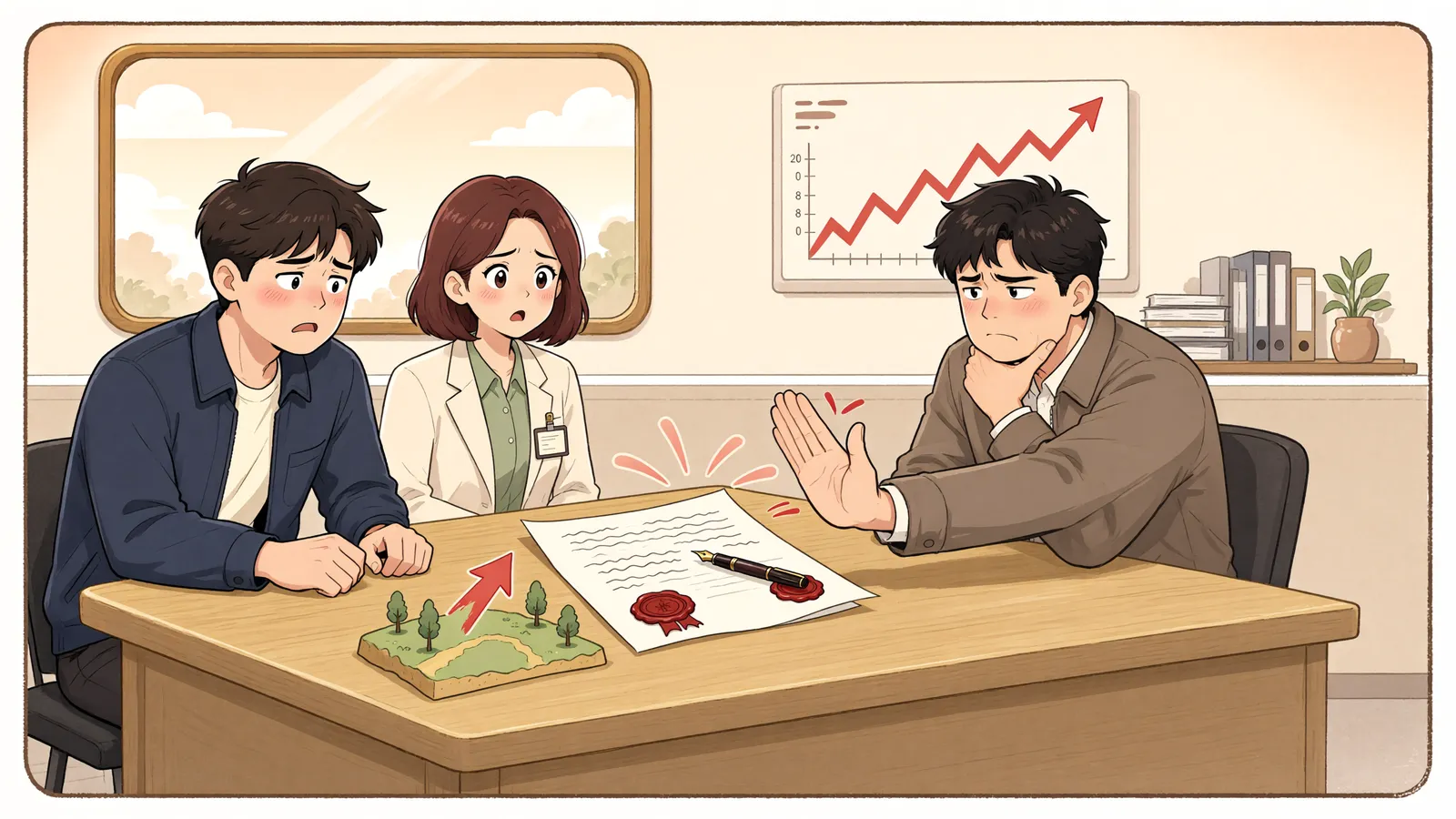 「땅값 오르자 계약 무효? 돌려준 계약금만으로 끝나지 않을 수 있습니다」 상황을 그린 삽화