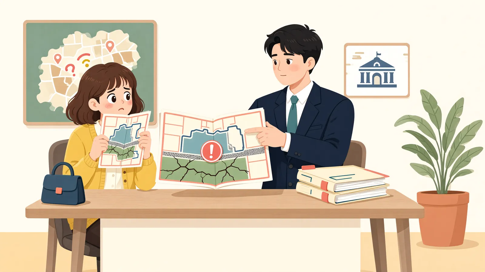 「땅을 파자 폐기물이 나왔다면, 처리비용은 누가 부담할까」 상황을 그린 삽화