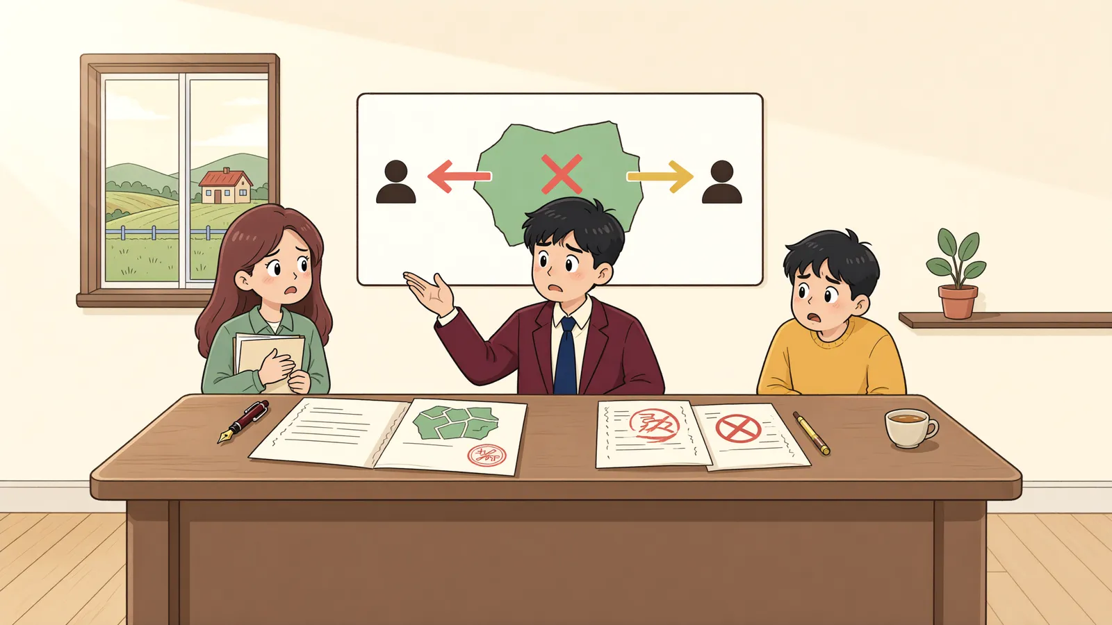 「먼저 넘긴 땅, 해제 뒤에 산 사람의 소유가 될까」 상황을 그린 삽화