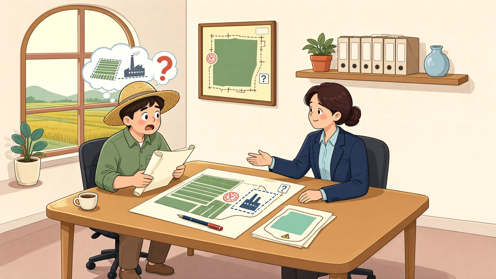 「공장저당에 묶인 논, 경매에서도 함께 팔릴까」 상황을 그린 삽화