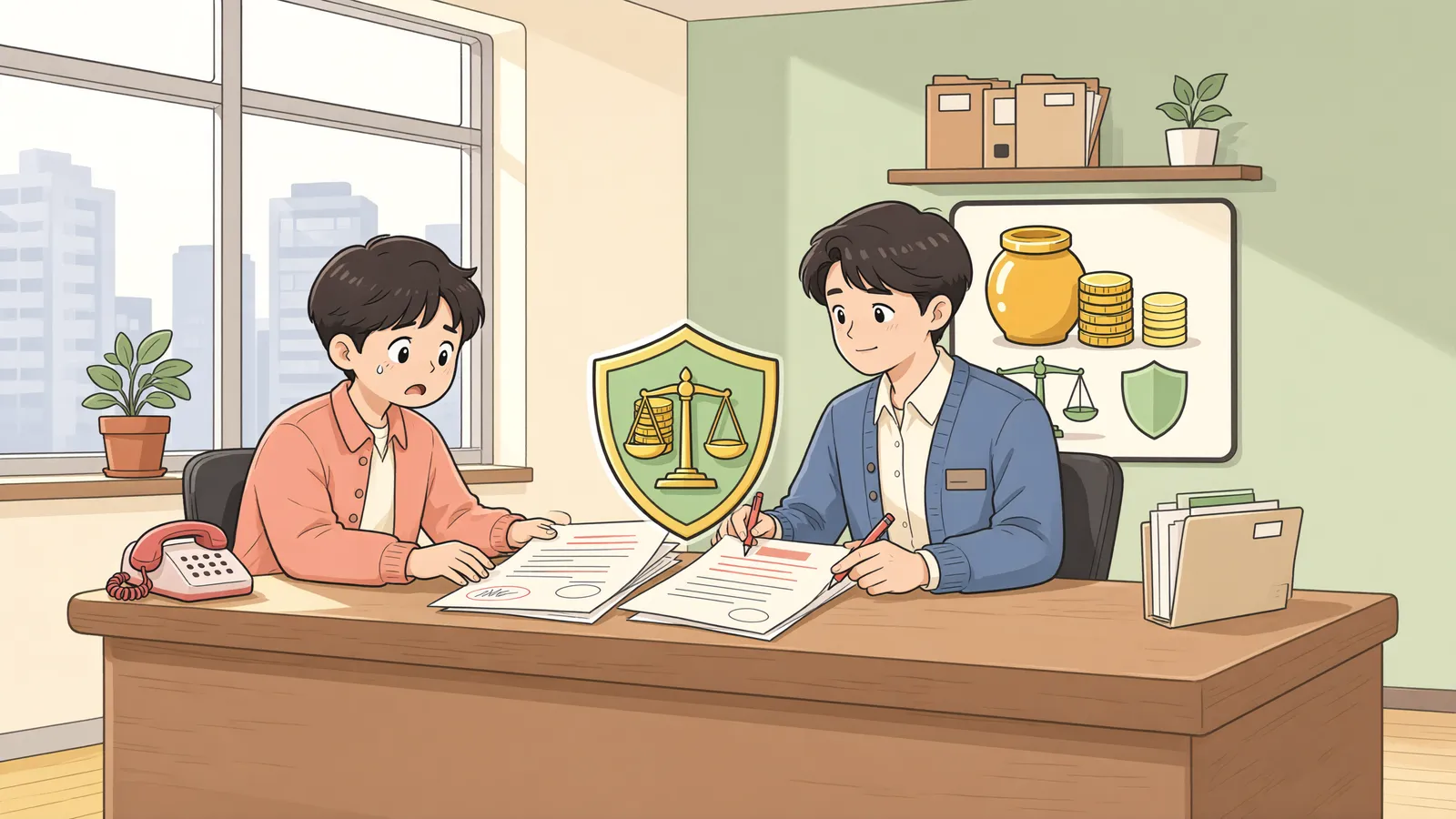 「확정일자 계약서에 적힌 보증금, 경매에서 기준이 됩니다」 상황을 그린 삽화
