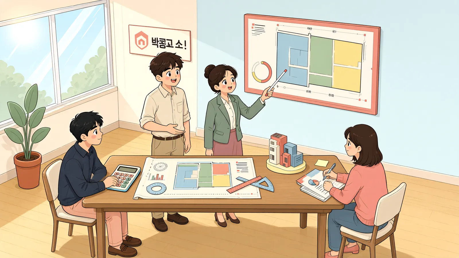 「두 필지로 허가받았는데, 개발부담금 면적은 어떻게 볼까?」 상황을 그린 삽화