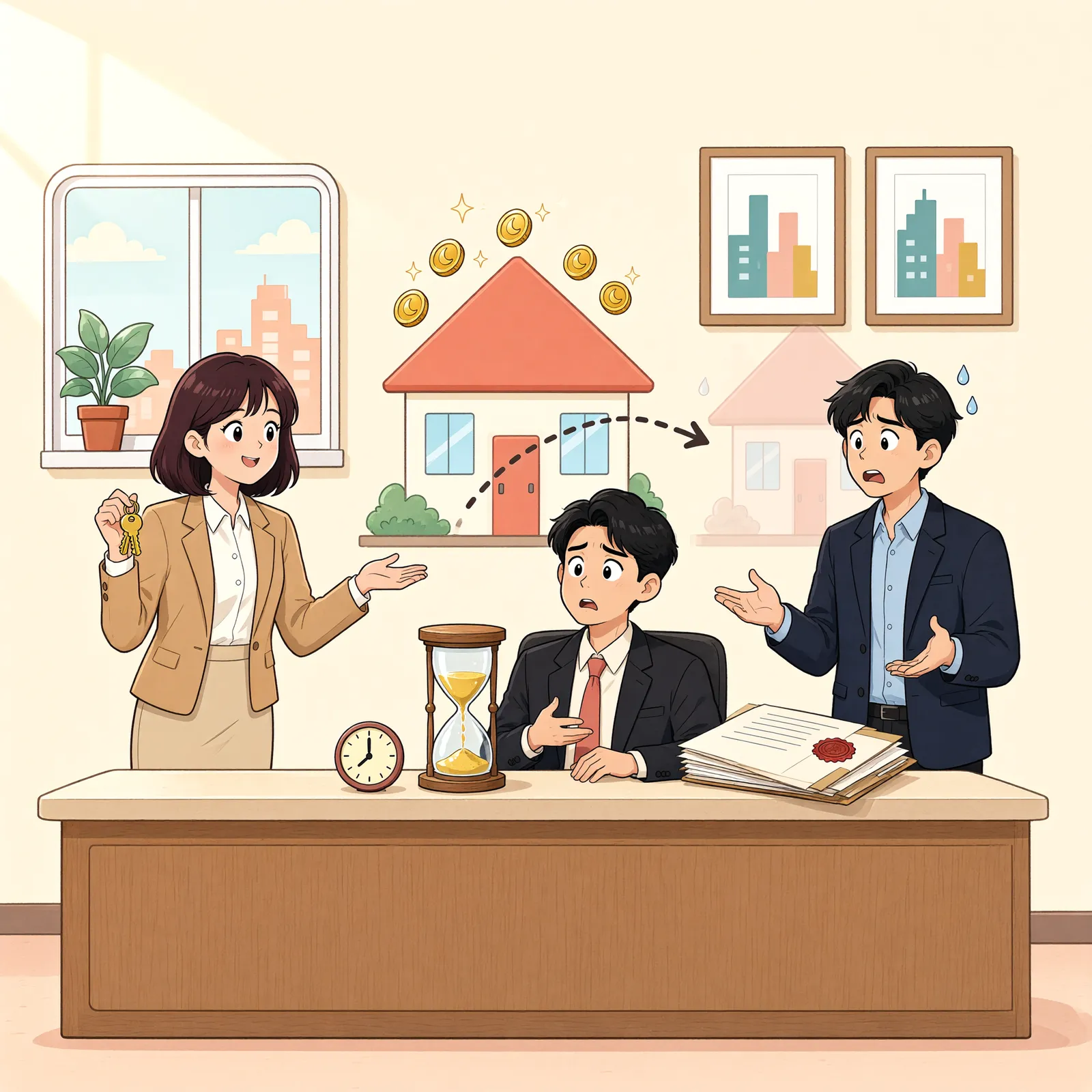 「친구에게 점유를 넘긴 부동산, 등기청구권 시효는 멈출까」 상황을 그린 삽화