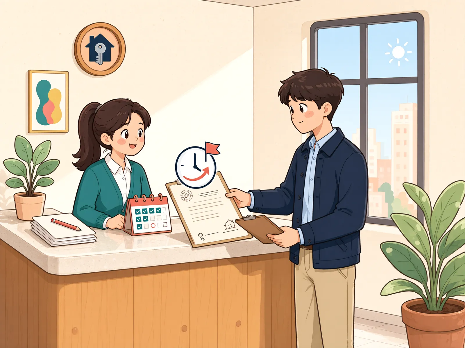 「주택 임대차, 30년으로 정해도 될까요?」 상황을 그린 삽화
