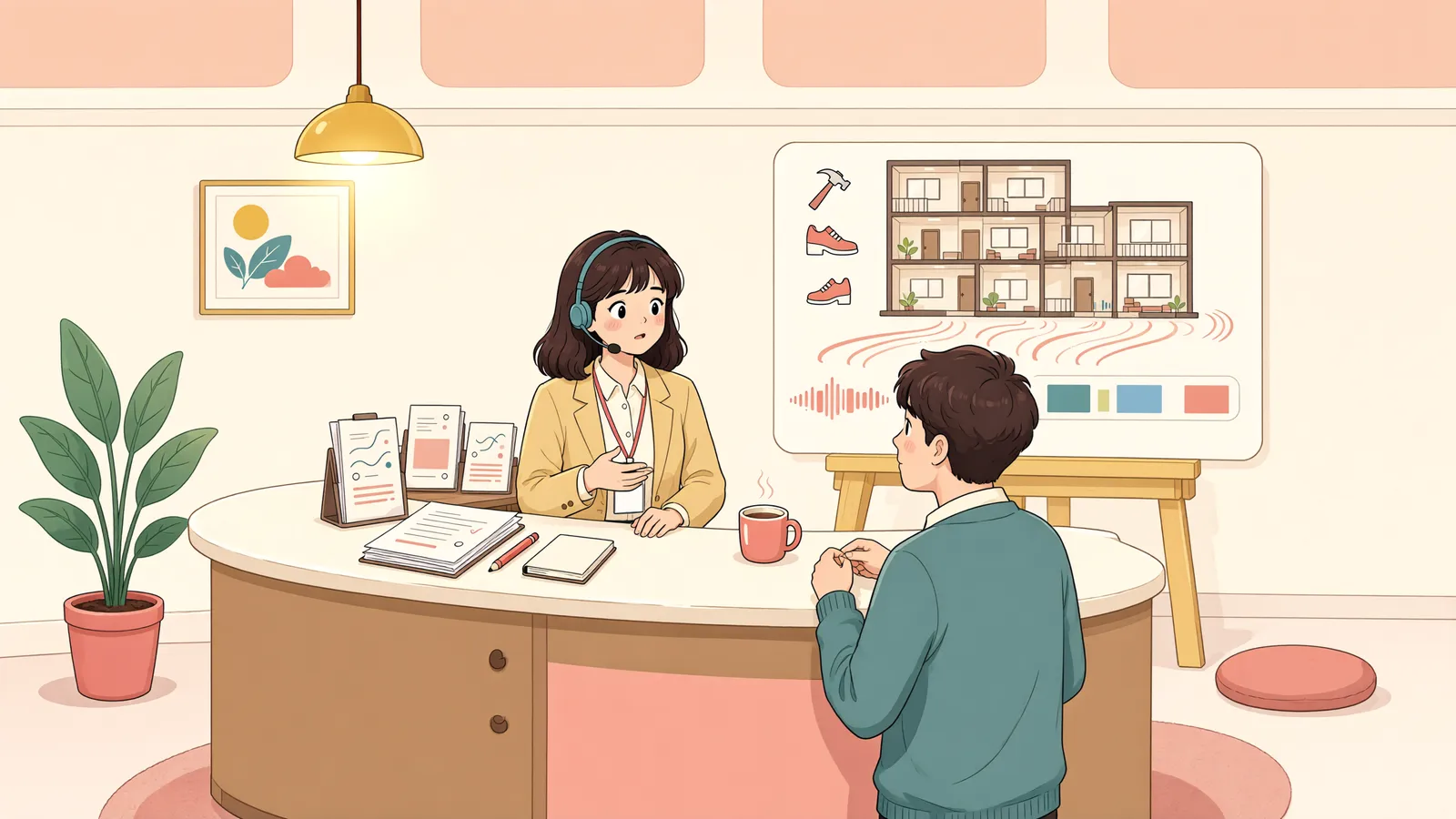 「아이 발소리, 항의만으로 기준 초과일까?」 상황을 그린 삽화