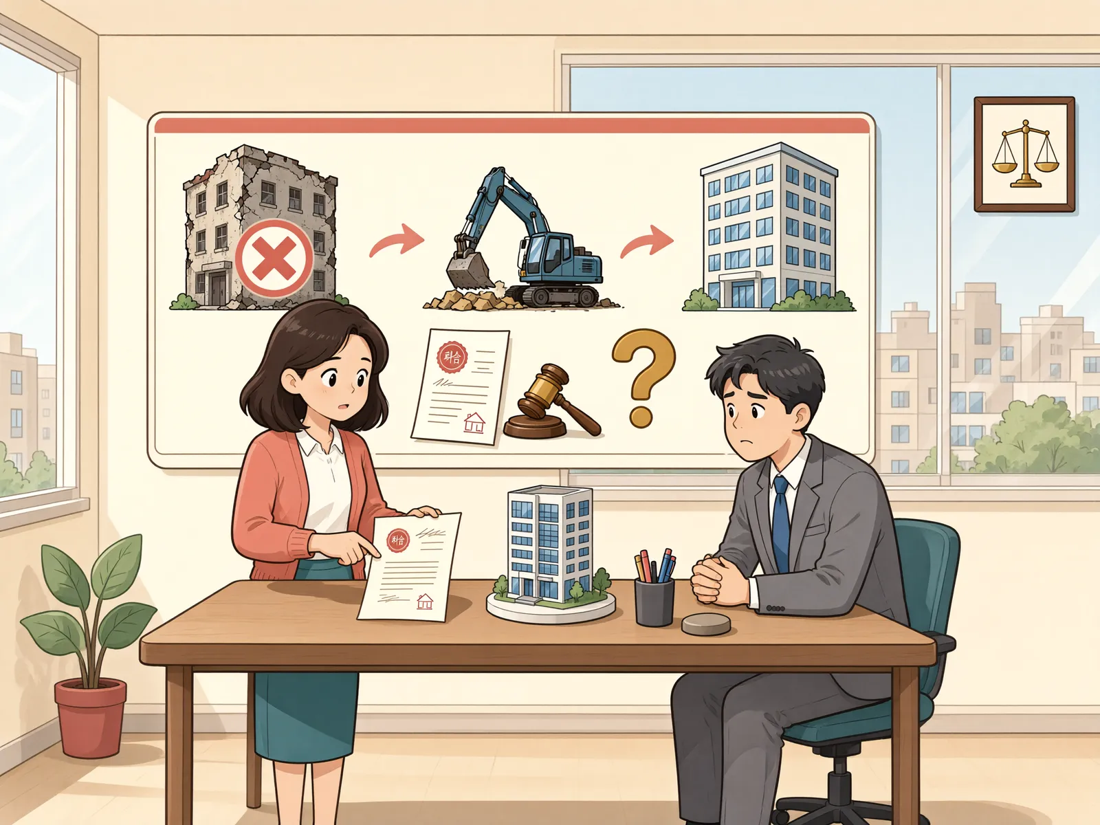 「옛 건물 저당권으로 새 건물까지 경매할 수 있을까」 상황을 그린 삽화