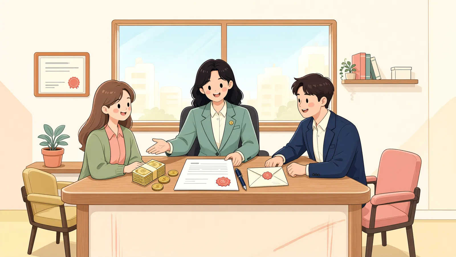 「공사도급계약이 중간에 끝났다면, 선급금은 얼마나 돌려줘야 할까?」 상황을 그린 삽화