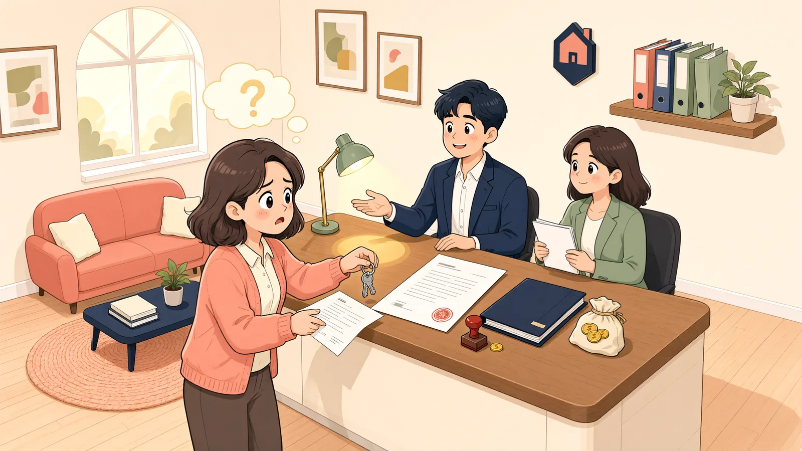 「경매에서 보증금을 일부만 받았다면, 새 집주인에게 나가야 할까?」 상황을 그린 삽화