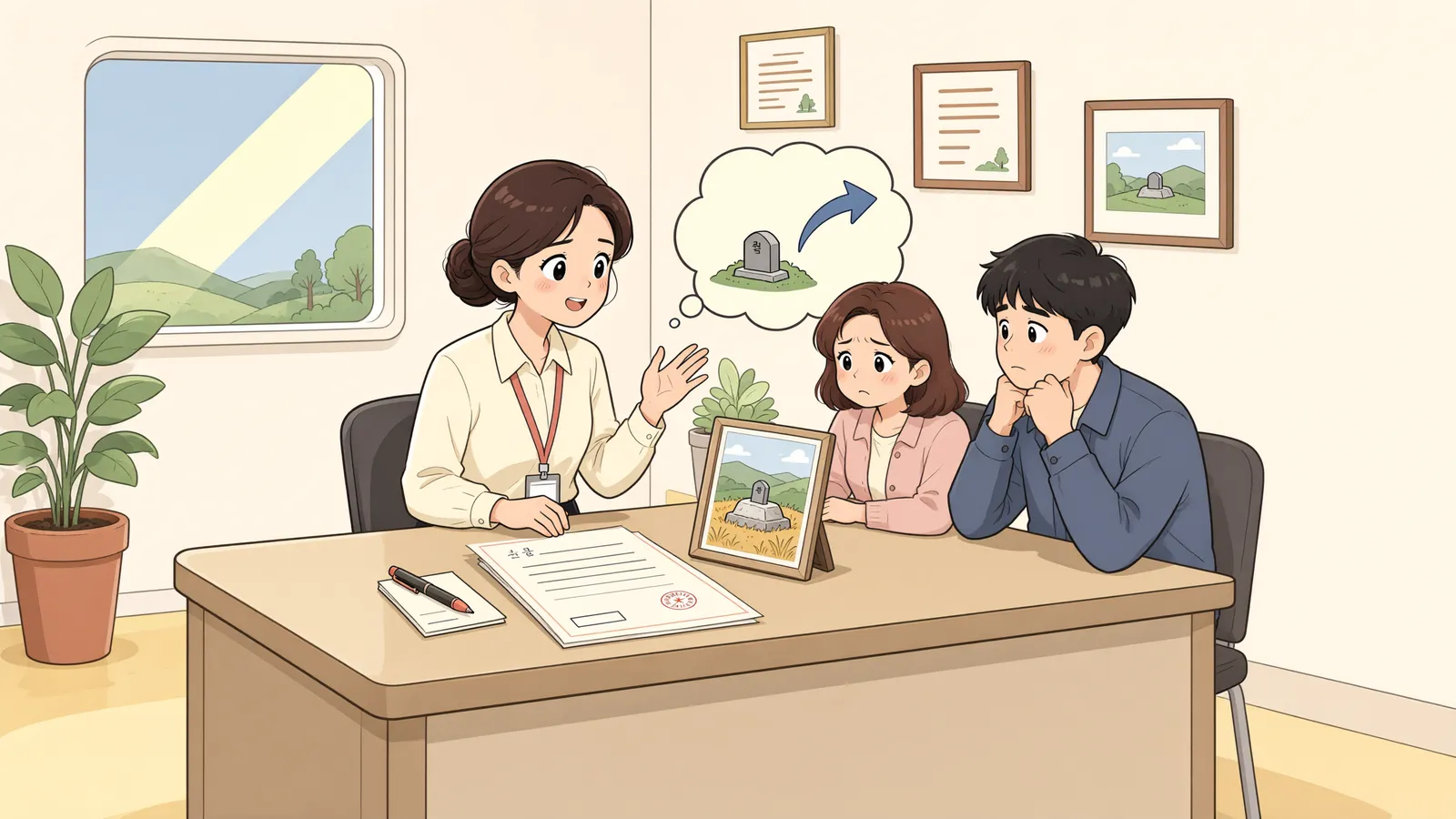 「묘가 두 곳, 권리는 하나일까?」 상황을 그린 삽화