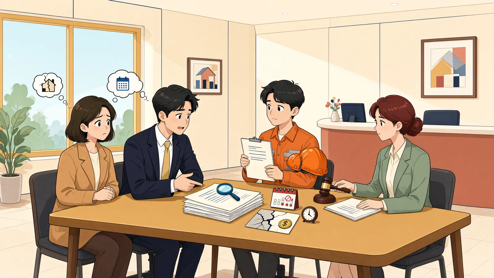 「공사 하자 손해배상, 2년이 지나면 늦었을까?」 상황을 그린 삽화