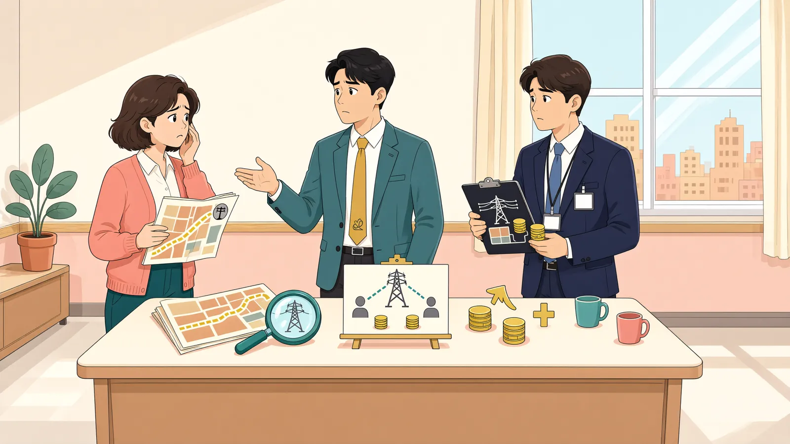 「비용 아끼려 이웃의 급수관을 함께 써도 될까」 상황을 그린 삽화