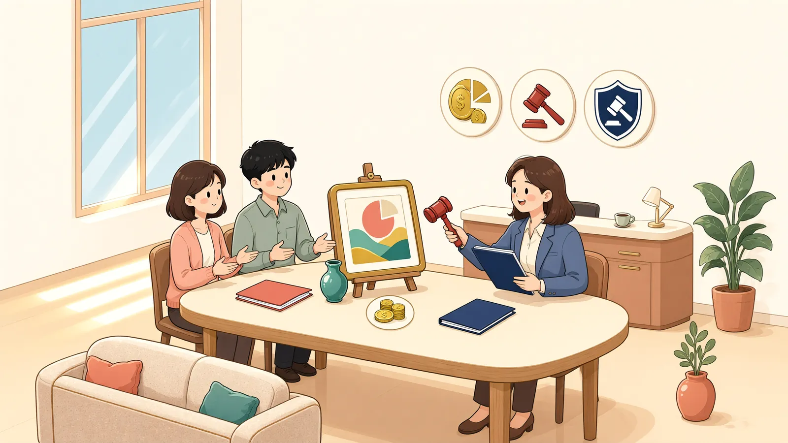 「압류된 집 살림, 배우자는 지분을 돌려받거나 먼저 살 수 있을까」 상황을 그린 삽화