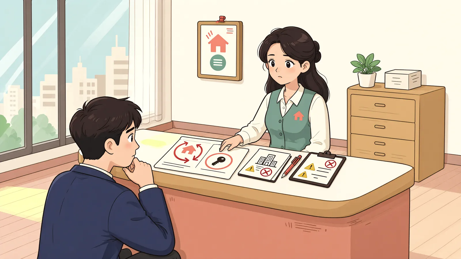 「보증금을 낮췄는데, 사업자등록 정정은 아직이라면」 상황을 그린 삽화