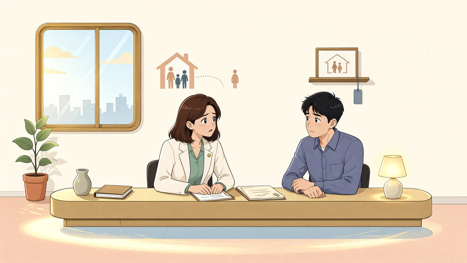 「따로 살아도 한 세대일까? 별거 중 배우자의 주택과 양도세」 상황을 그린 삽화