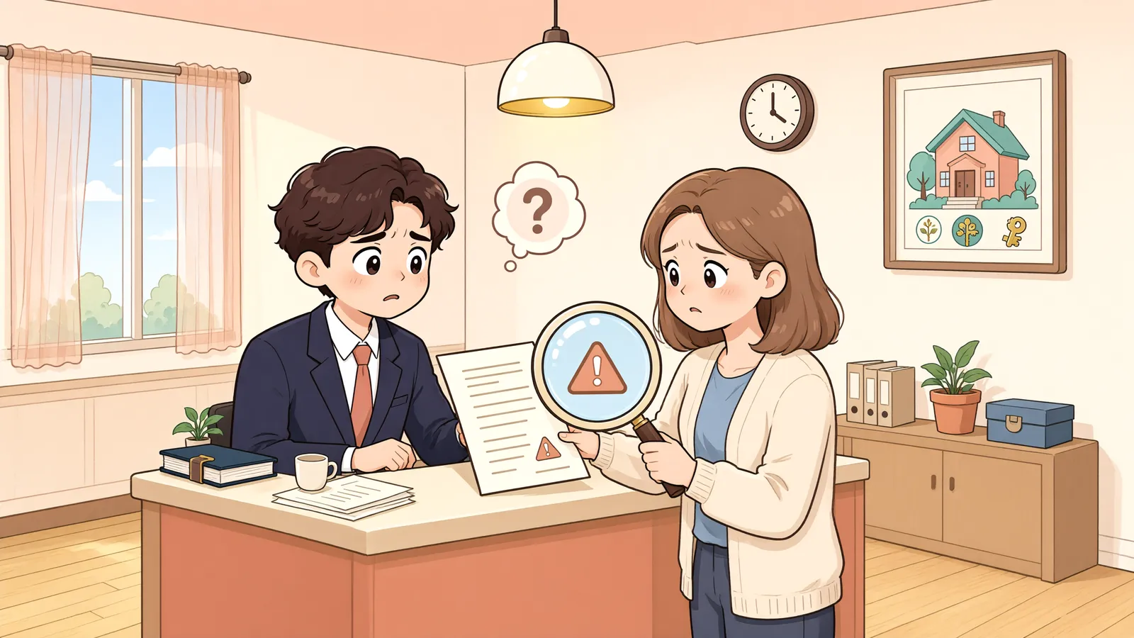 「낮춰 쓴 계약서, 계약을 없던 일로 만들 수 있을까」 상황을 그린 삽화